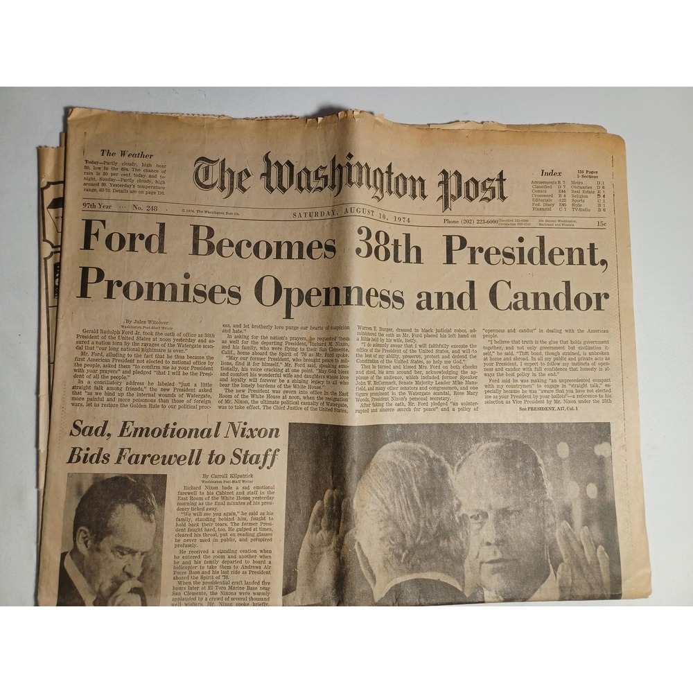 Vintage Washington Post Aug 10 1974 Ford Becomes 38th‎ President Nixon Newspaper
